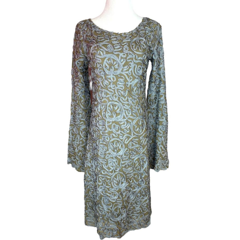 Sundance Pure Elegance Applique Shift Dress in Tan and Grey Size 6